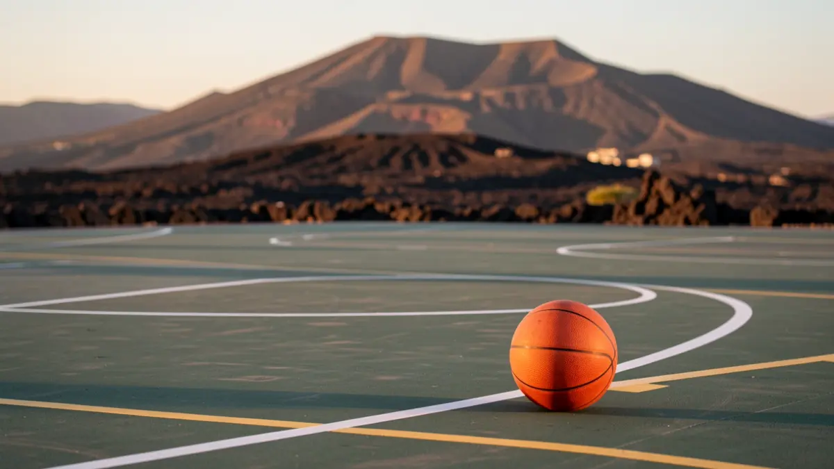 Pista de baloncesto en Canarias con el Teide al fondo.