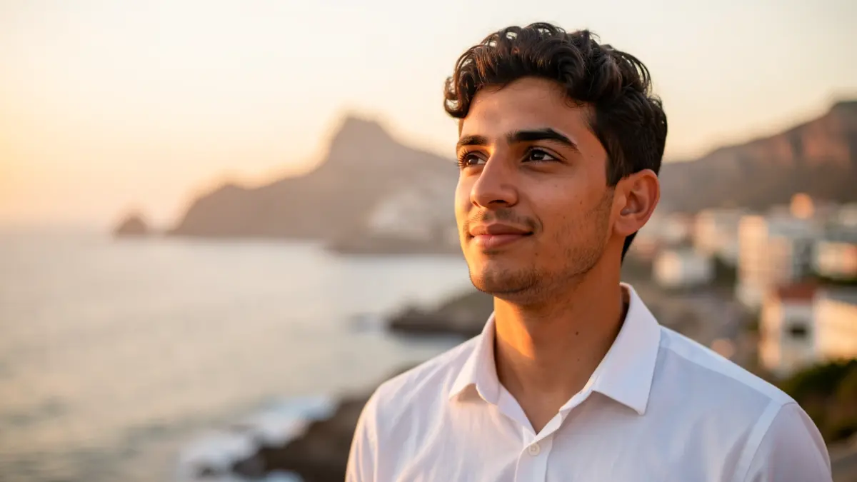 Young Moroccan migrant on the Canary Islands coast at sunset.