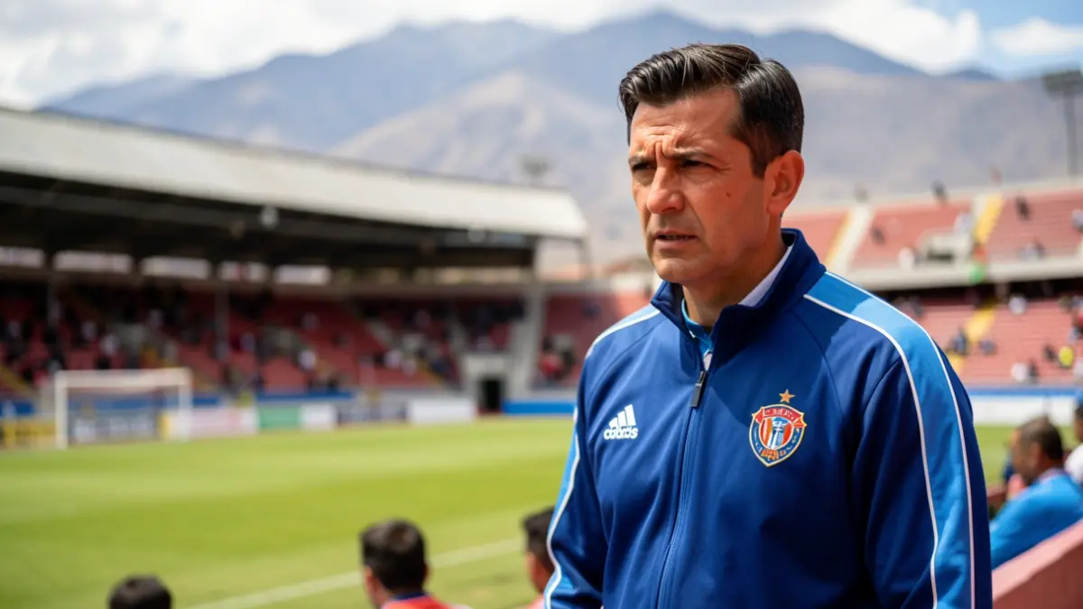 Entrenador de fútbol en la banda de un estadio de Cusco, Perú, con montañas al fondo.
