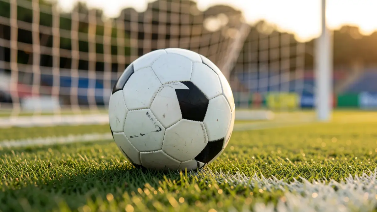 Generic image of a soccer ball on grass with the goal net out of focus.
