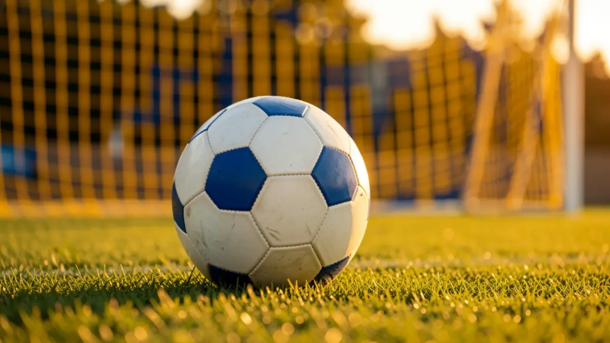 Imagen genérica de un balón de fútbol sobre césped con la red de portería desenfocada.