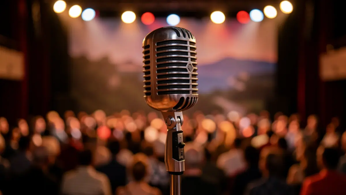 Generic image of a vintage microphone on a stage.