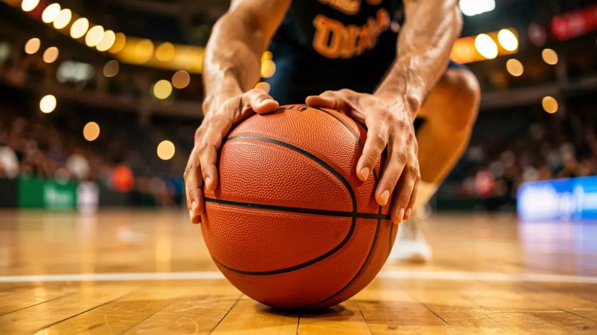 Primer plano de un balón de baloncesto siendo driblado en una cancha, con luces de estadio desenfocadas al fondo.