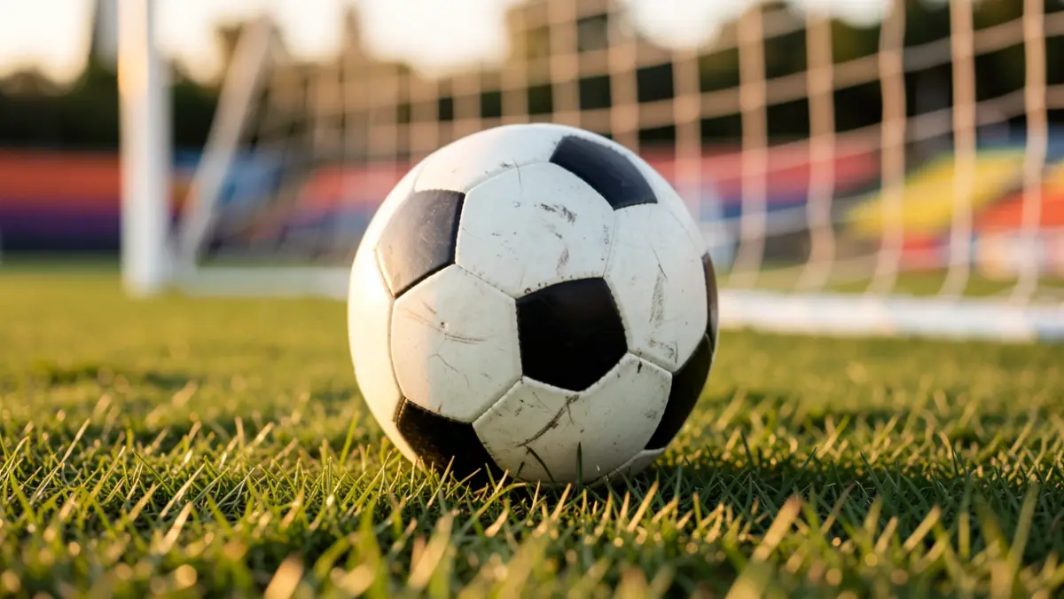 Imagen genérica de un balón de fútbol sobre césped con la red de portería desenfocada.