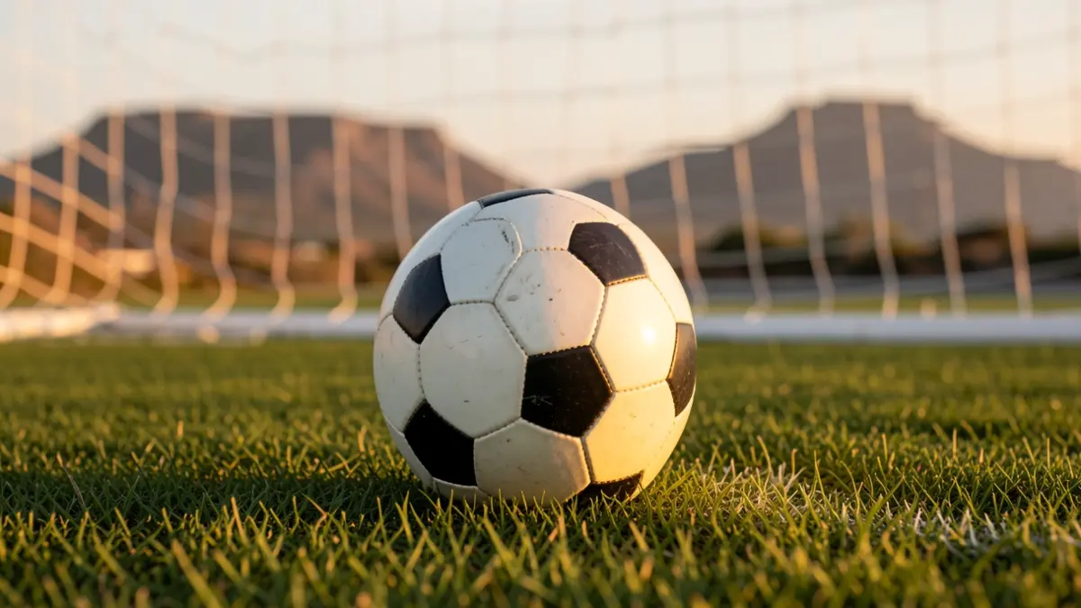Generic image of a soccer ball on grass with the goal net out of focus.