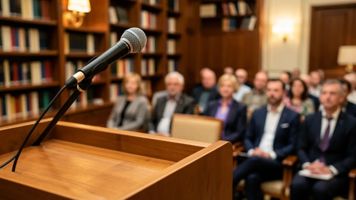 Imagen genérica de un atril con un micrófono en una sala de conferencias.