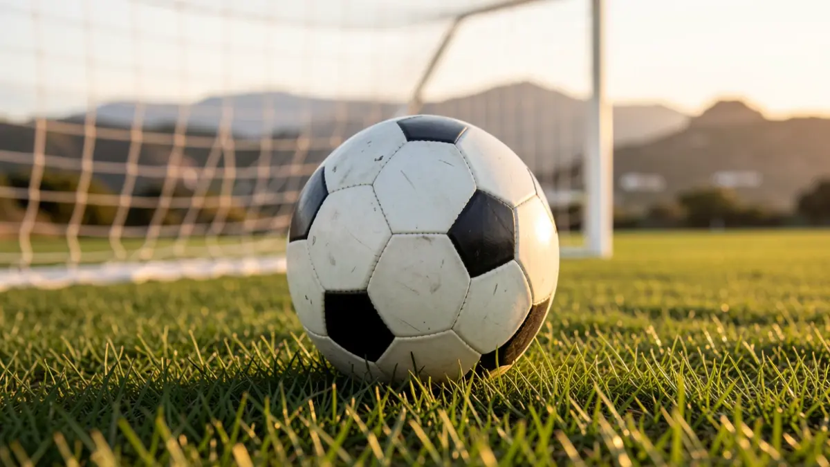 Primer plano de un balón de fútbol sobre césped, con la red de la portería desenfocada al fondo y luz dorada.