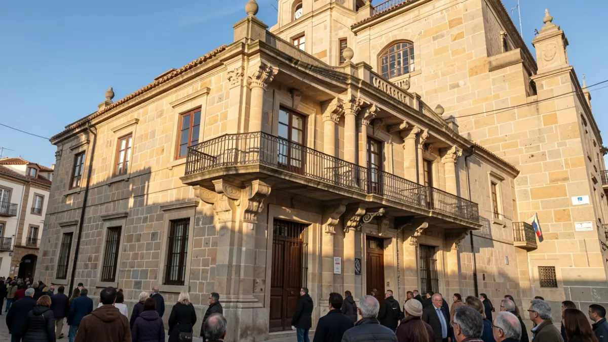 Stone facade of a Canarias town hall with ornate balcony and iron railings, warm afternoon sunlight.