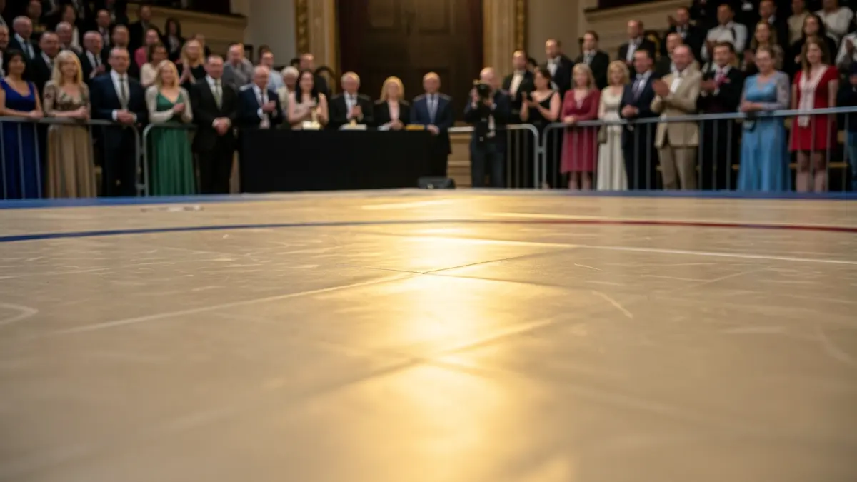 Primer plano de un tapete de lucha con luz dorada sutil reflejándose en la superficie, sugiriendo una ceremonia de premios prestigiosa. Sin personas ni texto visible.