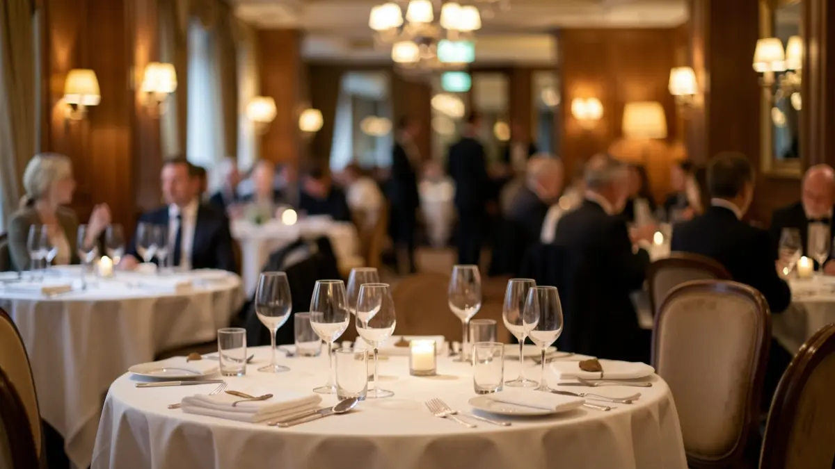 Imagen genérica de un comedor de hotel de lujo con mesas puestas y luz ambiental.