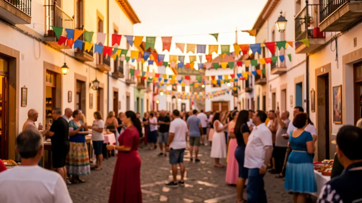 Generic image of a Canarian village square during a local festival, with a festive atmosphere and warm lights.
