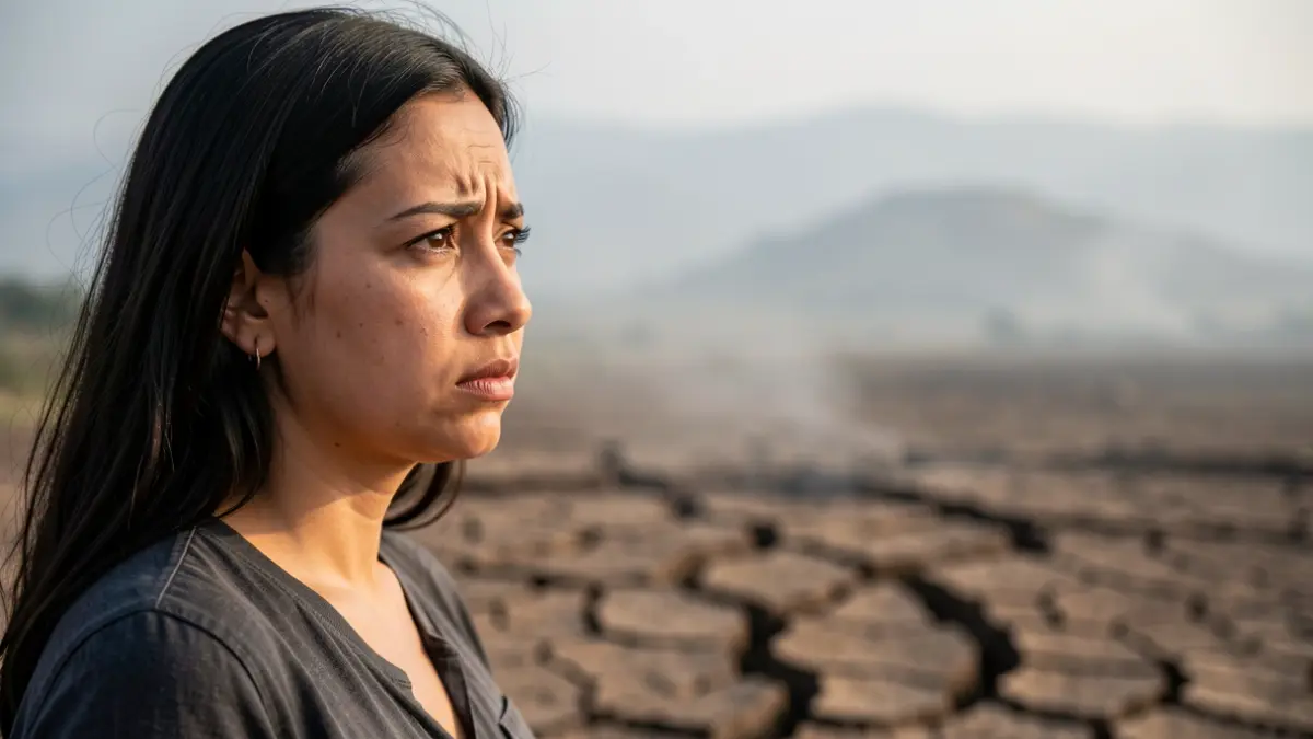 Image of a concerned Venezuelan woman looking towards a distant, hazy landscape representing her homeland.