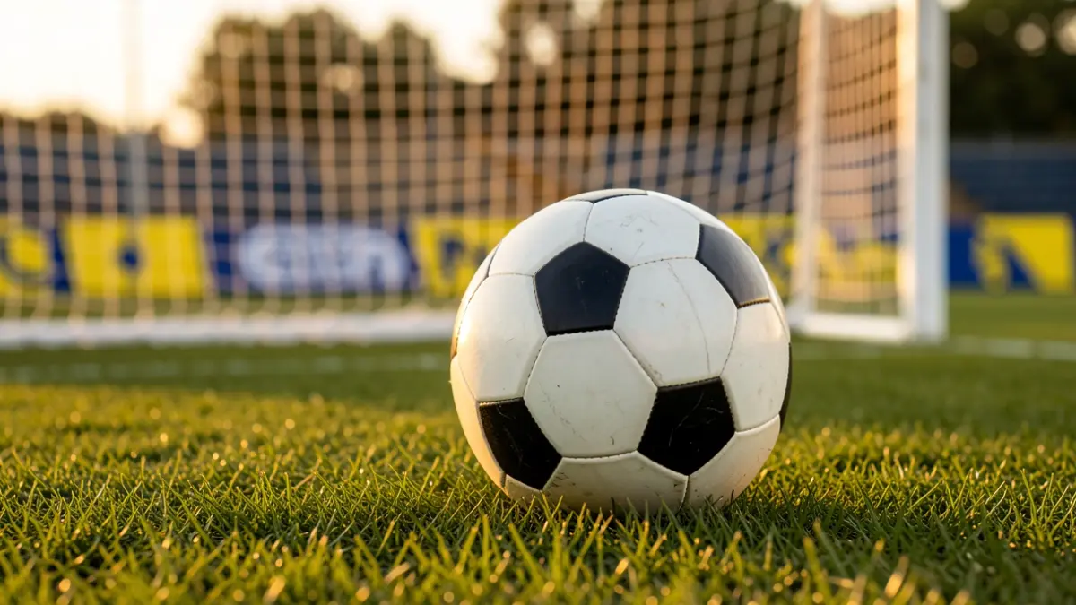 Imagen genérica de un balón de fútbol sobre césped con la red de portería desenfocada.