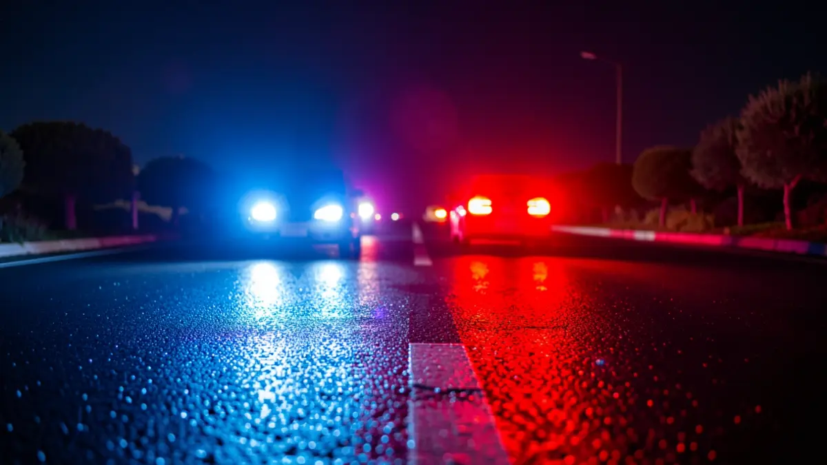 Generic image of police emergency lights reflecting on wet asphalt.