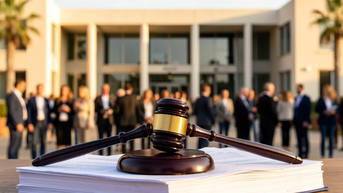 Imagen genérica de un mazo de juez sobre documentos legales con un edificio judicial al fondo.