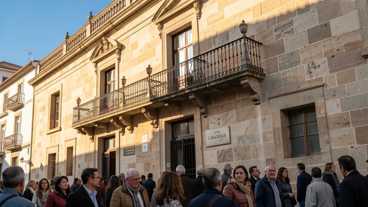Fachada de piedra de un ayuntamiento canario con balcón ornamentado y barandillas de hierro, luz cálida de la tarde proyectando sombras sobre los muros de arenisca, cielo azul.