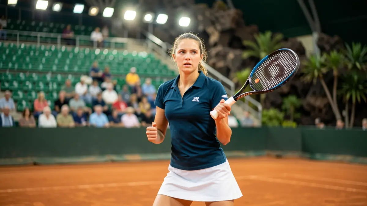 Jugadora de tenis joven en una pista de tierra batida, con el estadio y elementos canarios de fondo.