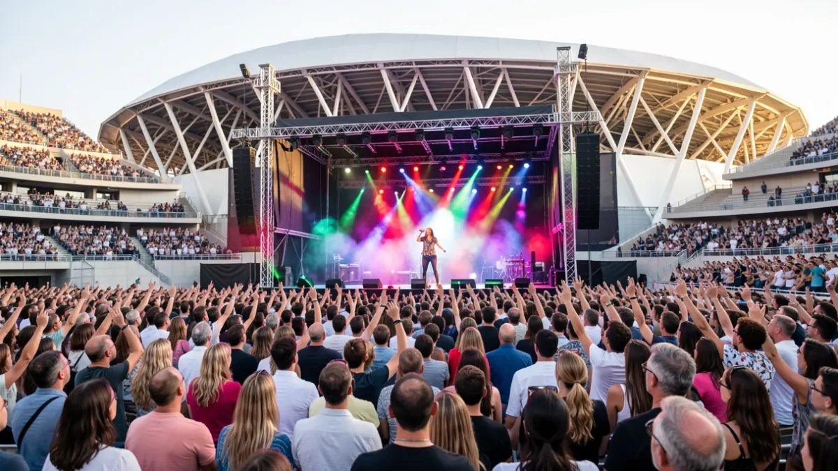 Imagen de un concierto de Kany García en el Gran Canaria Arena, con la cantante en el escenario y el público vibrando.