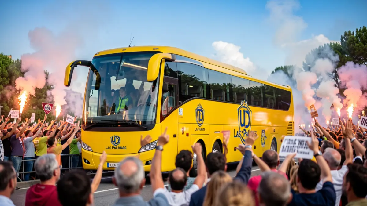 UD Las Palmas fans cheer for the team bus before an important match.