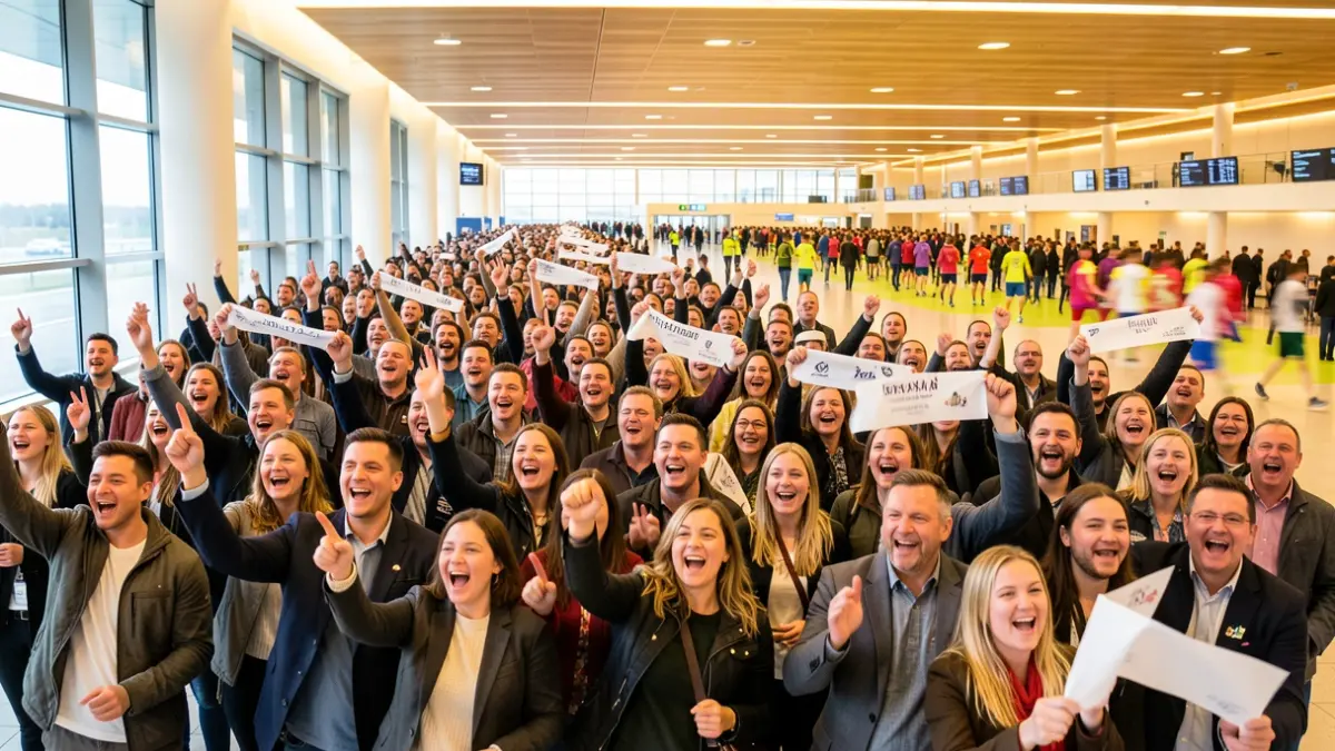 Imagen genérica de aficionados celebrando en el aeropuerto.