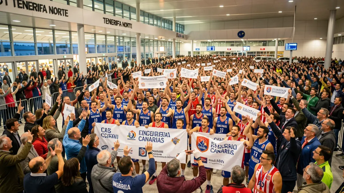 Imagen genérica de aficionados recibiendo al equipo de baloncesto CB Canarias en el aeropuerto.