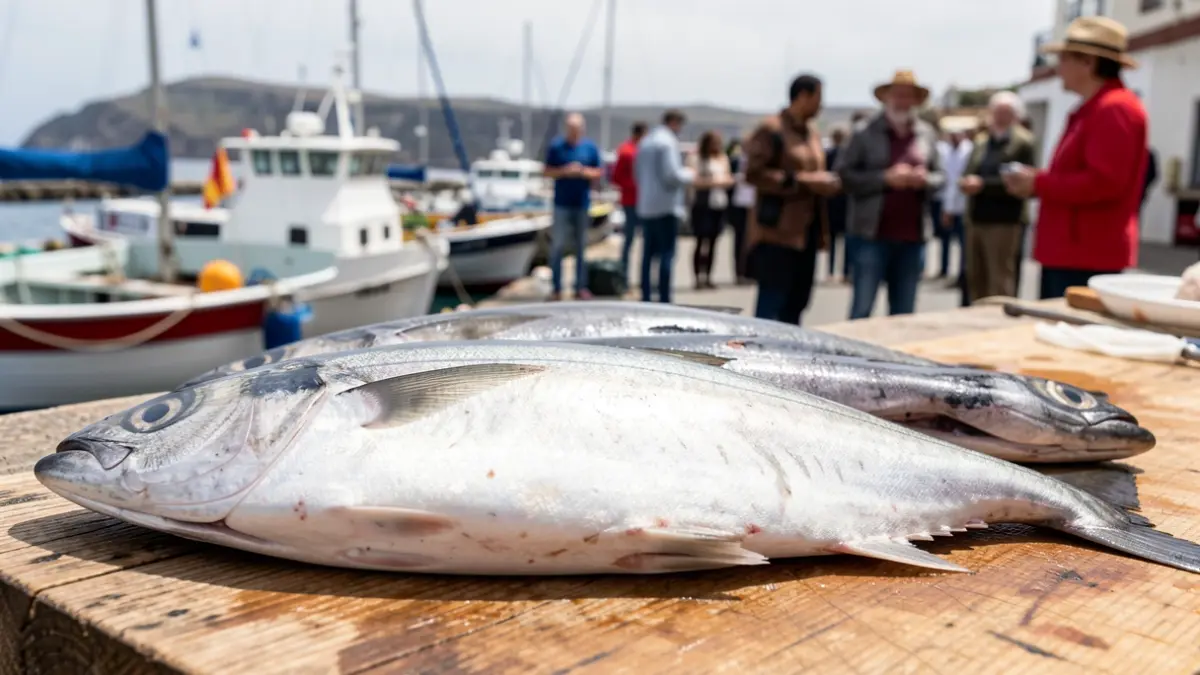 Primer plano de pescado fresco sobre un mostrador de madera en un puerto pesquero de Canarias.