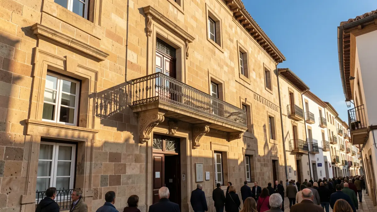 Fachada de un ayuntamiento canario con balcón y barandillas de hierro, luz de sol de la tarde.