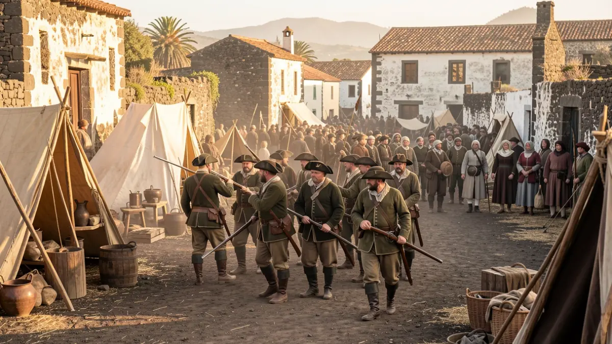 Recreación histórica de la Batalla del Batán en Santa Brígida, con milicianos del siglo XVI y arquitectura tradicional canaria.
