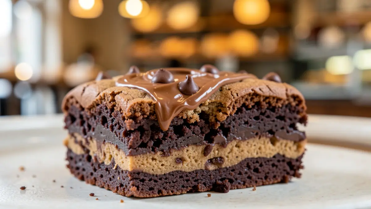 Image of a brookie, a dessert combining brownie and cookie, with chocolate and cookie details.