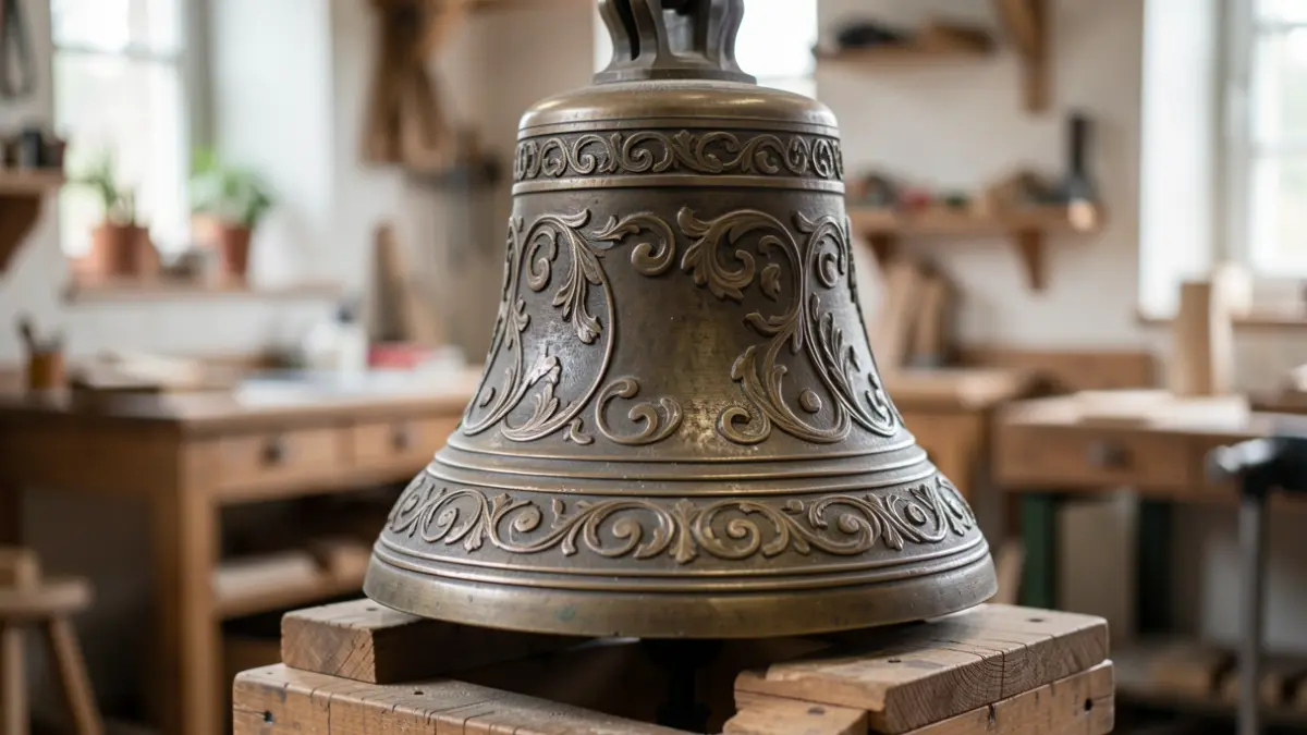 Ornate bronze bell in a workshop.