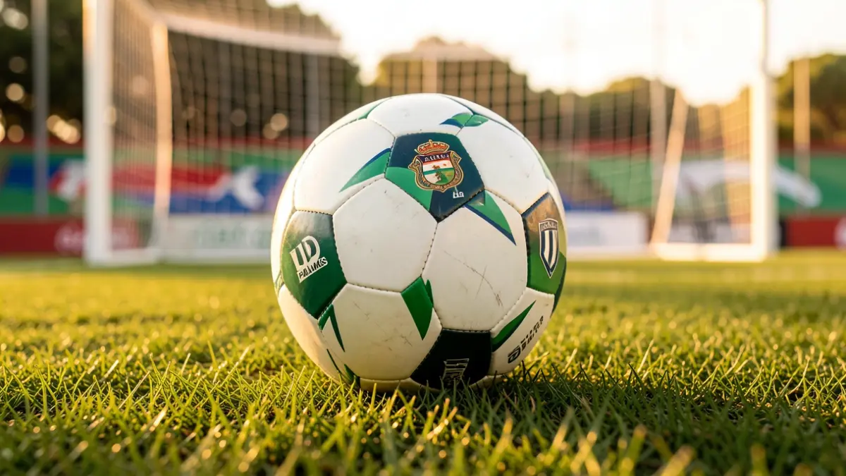 Imagen genérica de un balón de fútbol sobre césped con la portería difuminada.