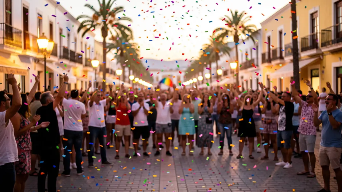 Imagen genérica de confeti cayendo en una plaza con gente animando durante un evento festivo en Canarias.