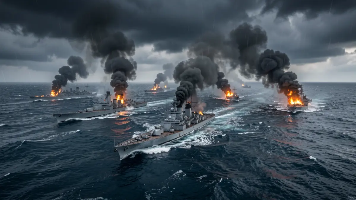Imagen genérica de una batalla naval en medio de una tormenta con barcos en llamas.