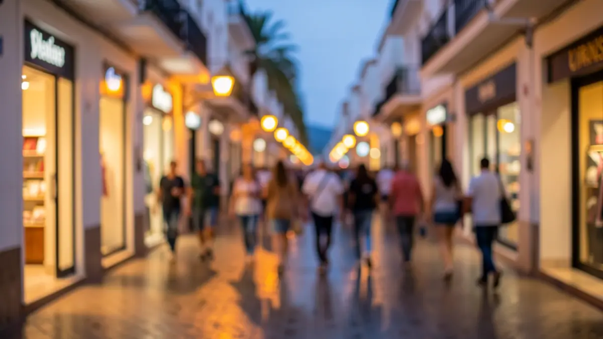 Generic image of a commercial street in the Canary Islands at dusk, with warm lights and wet pavement.