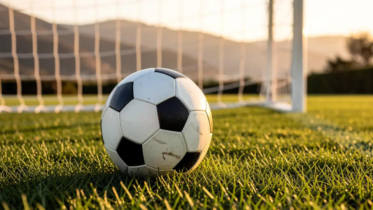 Generic image of a soccer ball on grass with a blurred goal net.