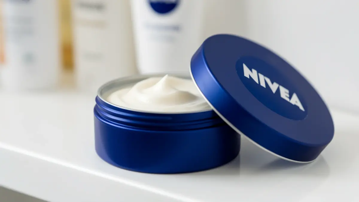 Primer plano del icónico bote azul de crema Nivea con su textura cremosa.