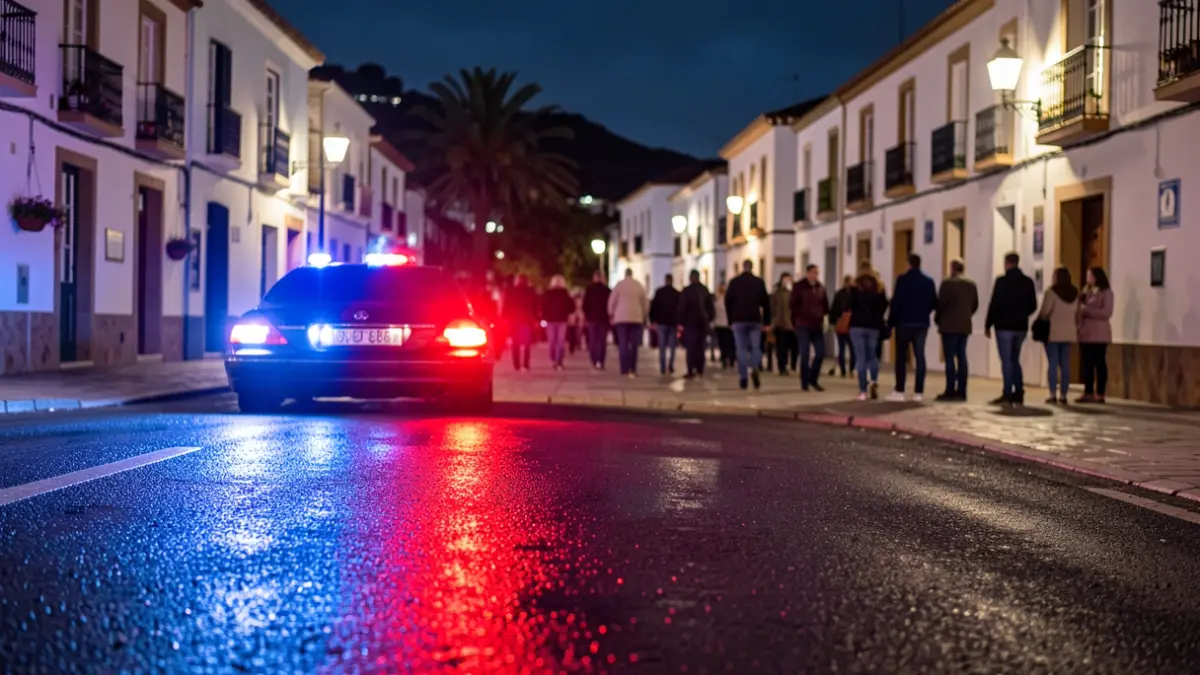 Imagen genérica de luces de emergencia policiales reflejándose en el asfalto mojado por la noche.