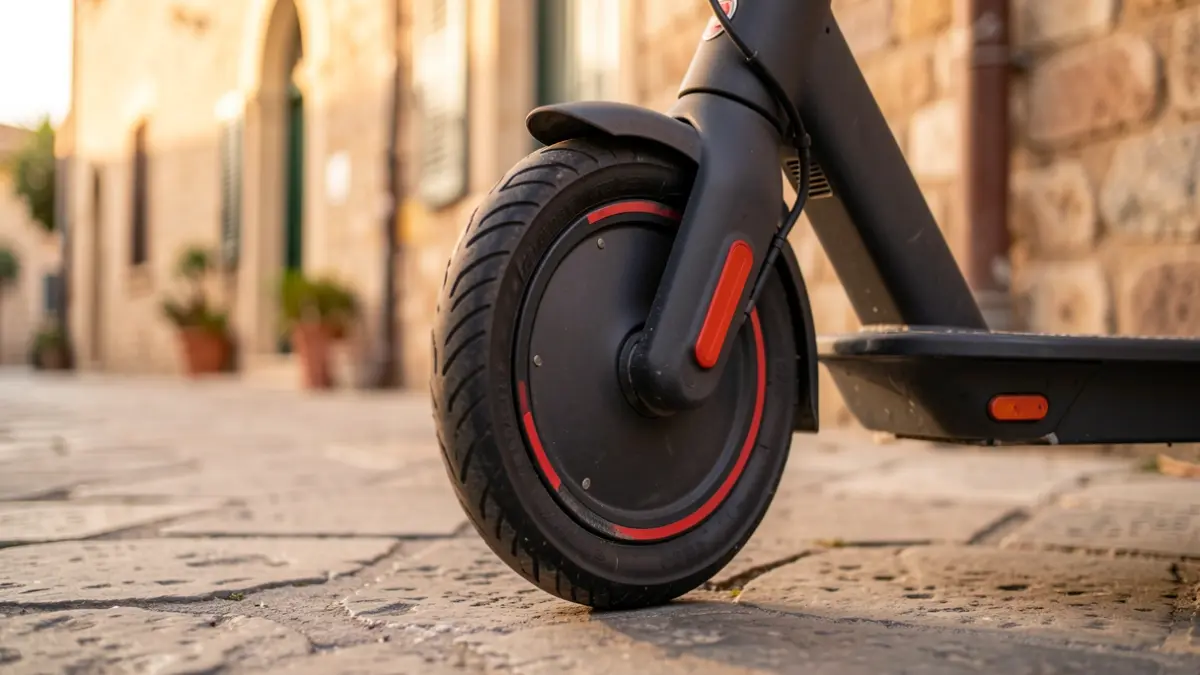 Generic image of an electric scooter parked on a street at sunset.