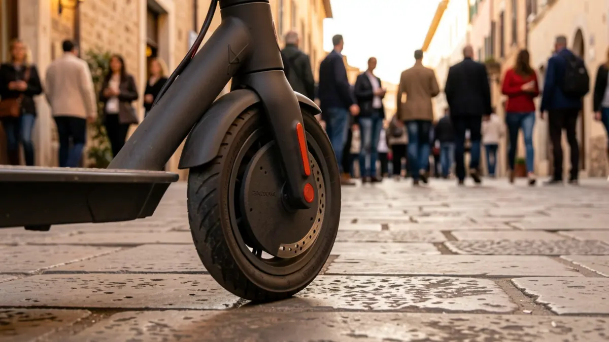 Imagen genérica de una rueda de patinete eléctrico en una acera.