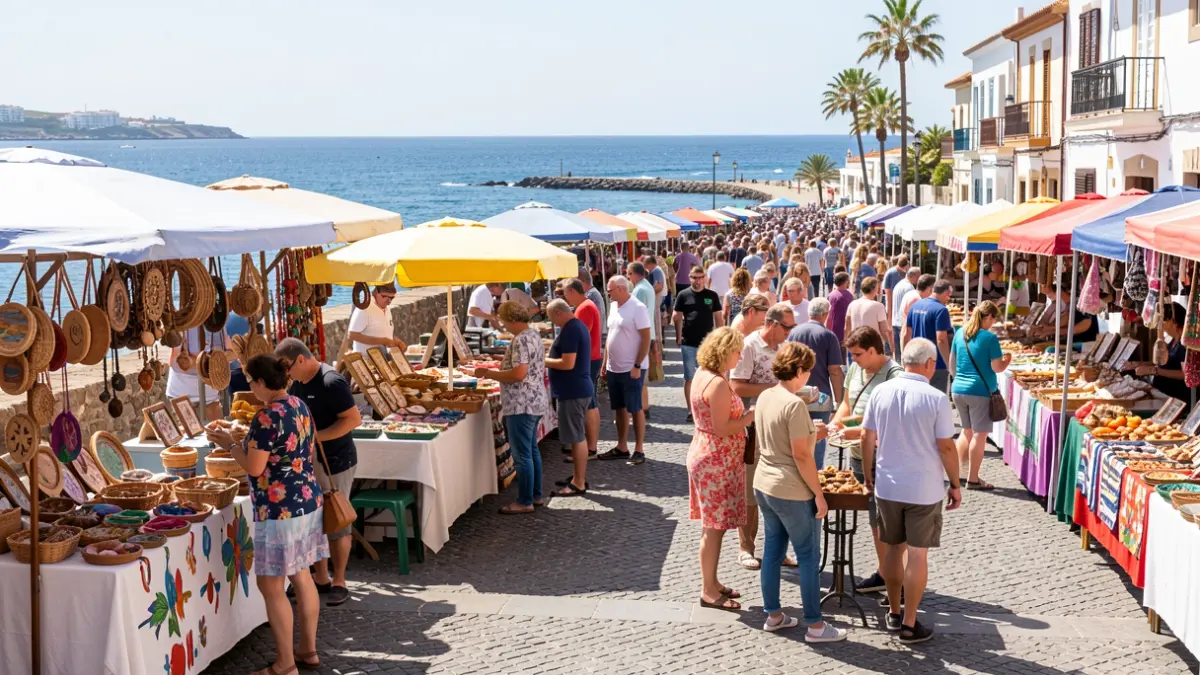 Imagen genérica de una feria local en la costa de Gran Canaria con puestos de artesanía y gastronomía.