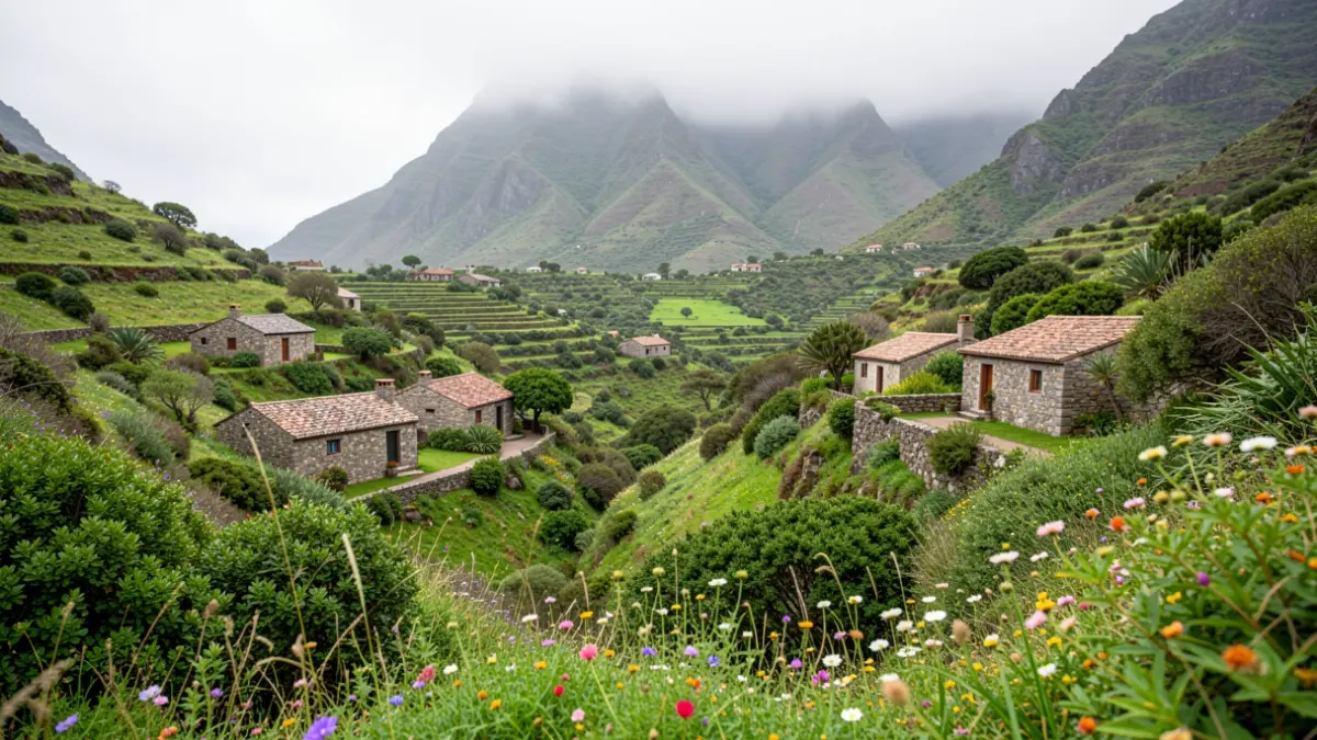 Generic image of a rural landscape in the Canary Islands with traditional houses and vegetation.