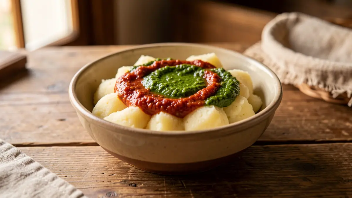 Generic image of papas arrugadas with mojo sauces on a wooden table.