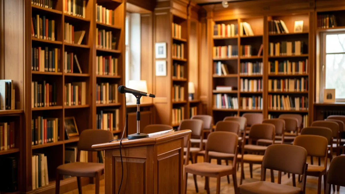 Generic image of a cultural event hall with bookshelves and a microphone.