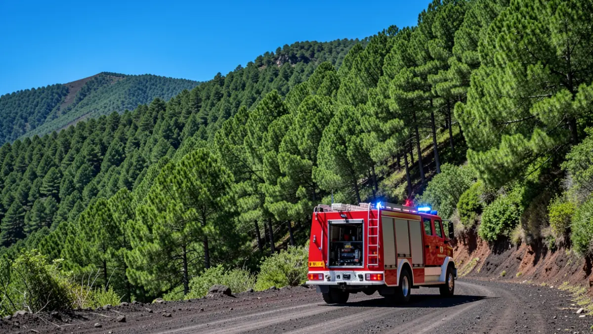 Fire truck ready in a La Gomera forest for the fire prevention campaign.
