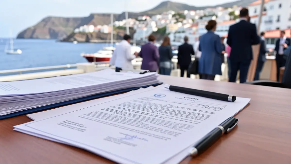 Close-up of a maritime office desk with official documents and a pen, with a blurred background of a coastal town in the Canary Islands.