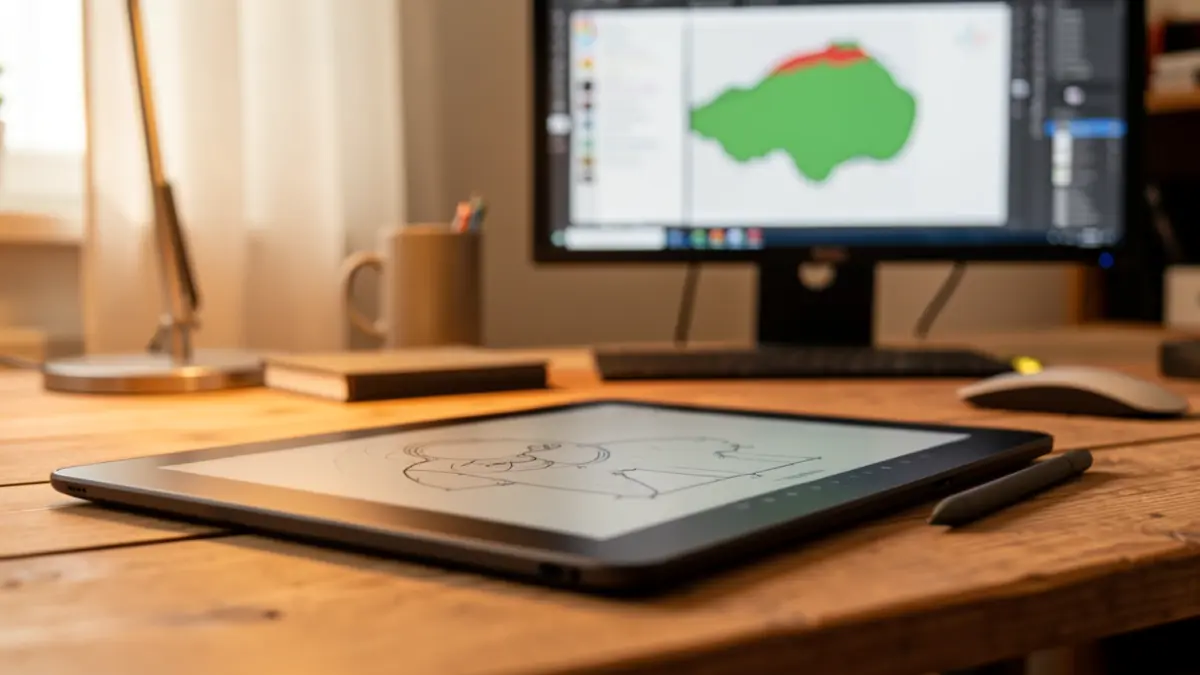 Close-up of a professional illustration tablet and stylus on a wooden desk, with blurred graphic design software on a computer screen in the background.