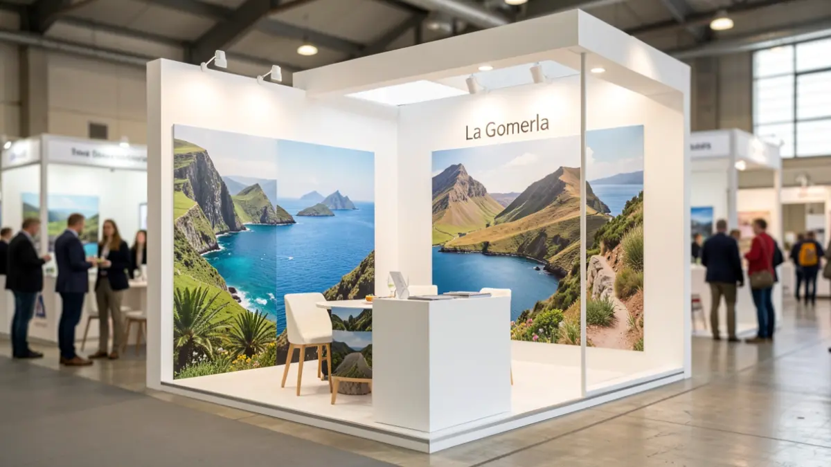 Stand promocional de La Gomera en una feria de turismo internacional, destacando paisajes naturales y sostenibilidad.