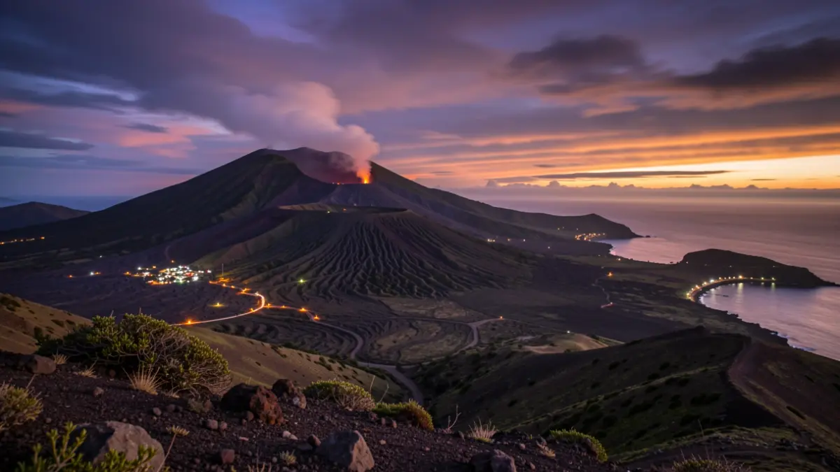 Paisaje nocturno de la isla de La Gomera con luces dispersas.