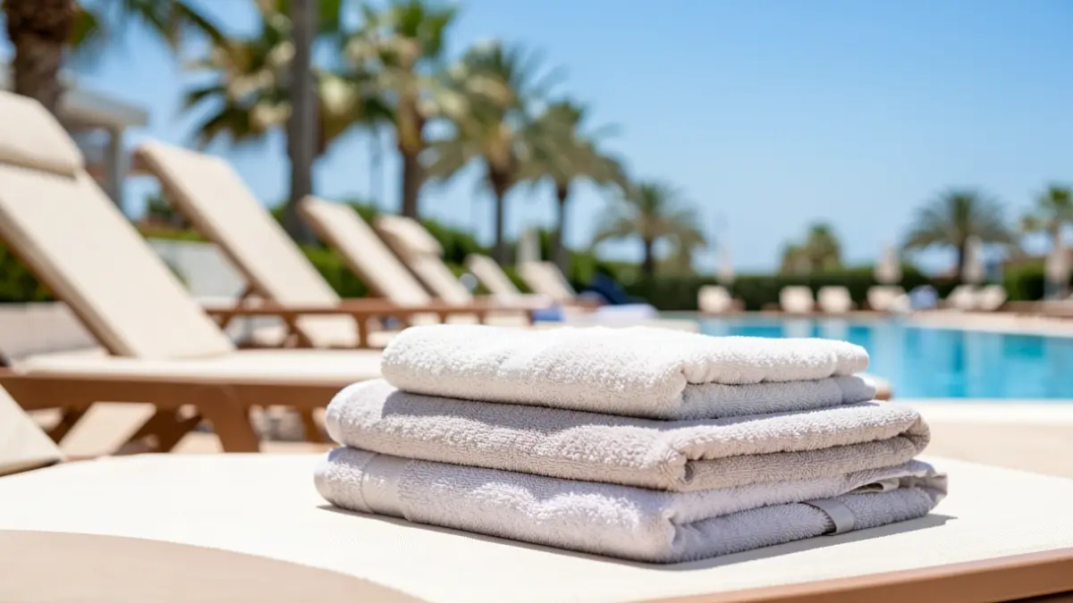Generic image of empty sun loungers with towels by a hotel pool.