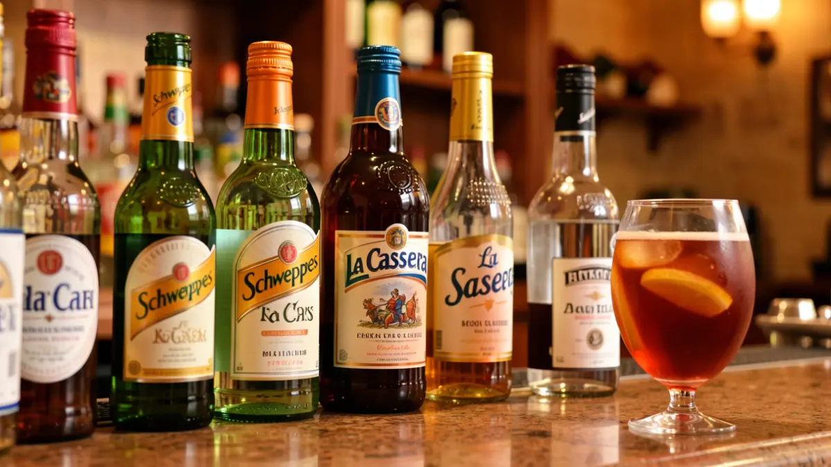 Close-up of a bar counter with beverage bottles and a glass of tinto de verano.